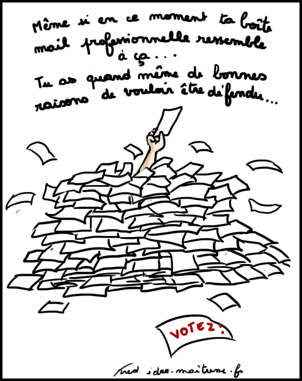 dessin représentant un enseignant croulant sous les mails d'incitation au vote, mais qui incite quand même à voter...