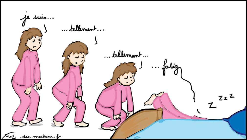 Illustration de la fatigue ressentie en ce mois de décembre, la maîtresse s'écroule avant d'avoir atteint son lit.